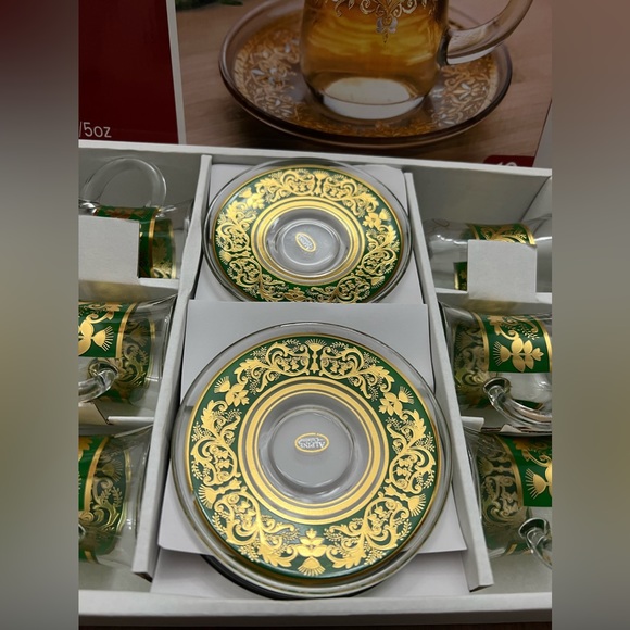 Alpine Cuisine Tea Glass Set With Saucer Gold/Green Design 12 Pc - Picture 9 of 16